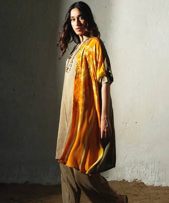Brown embroidered crepe kurta set with jacket 5