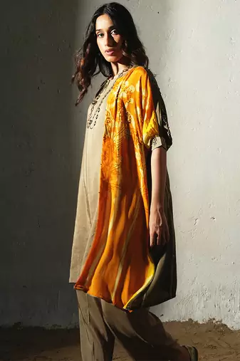 Brown embroidered crepe kurta set with jacket