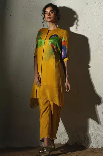 Yellow printed chiffon kurta set