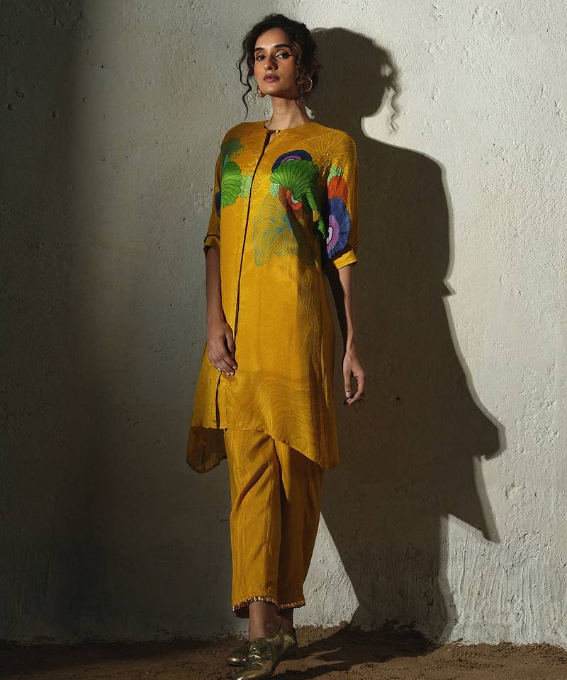 Yellow printed chiffon kurta set