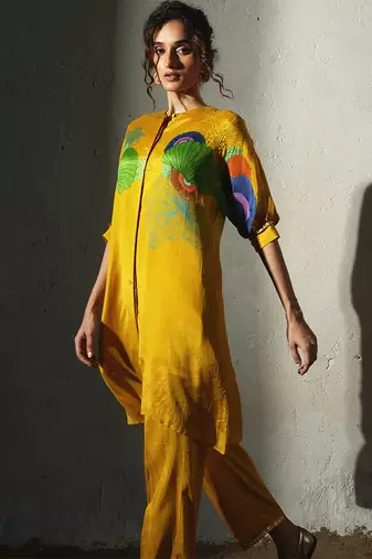 Yellow printed chiffon kurta set