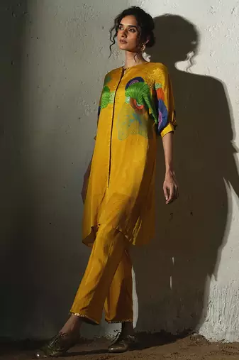 Yellow printed chiffon kurta set