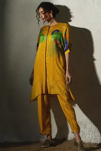Yellow printed chiffon kurta set