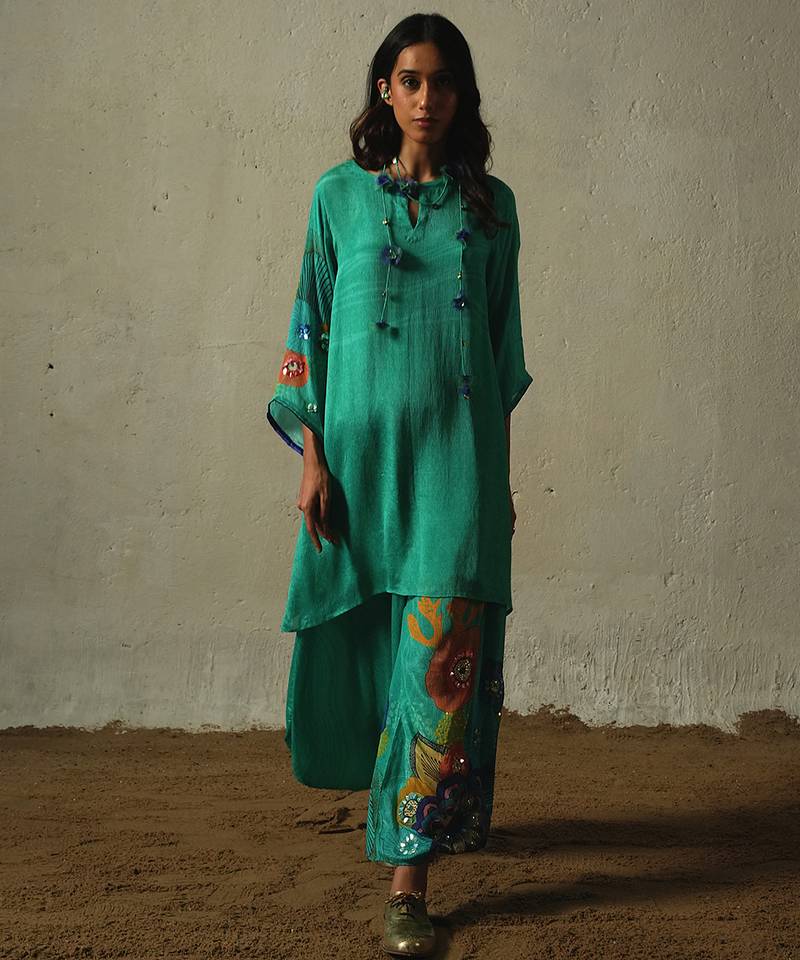 Blue embroidered chiffon kurta set