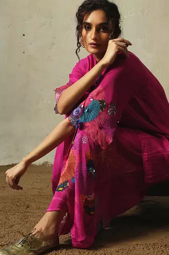 Pink embroidered chiffon kurta set