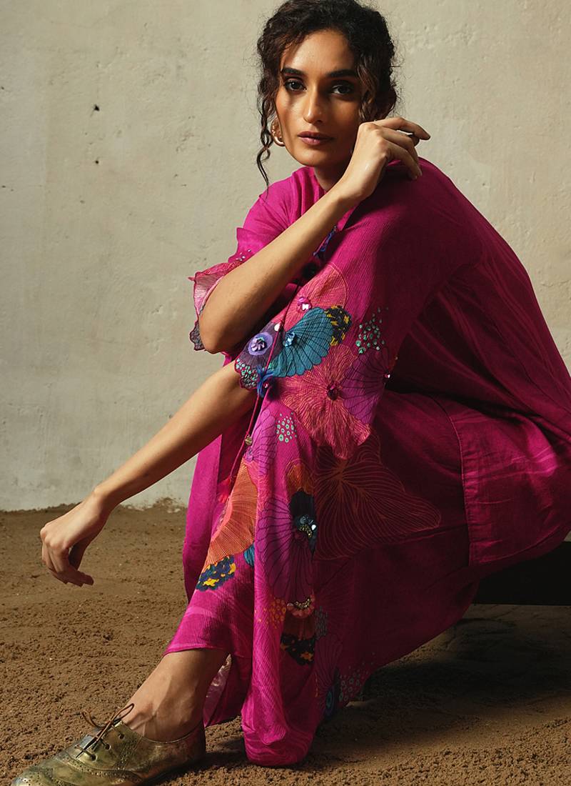 Pink embroidered chiffon kurta set