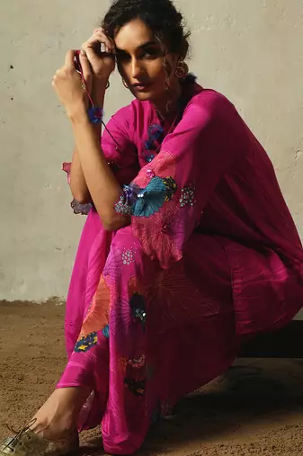 Pink embroidered chiffon kurta set