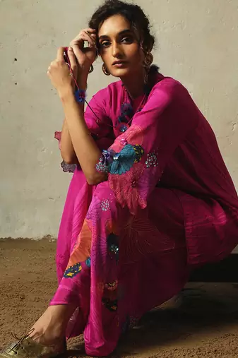 Pink embroidered chiffon kurta set