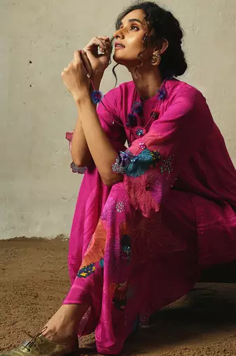 Pink embroidered chiffon kurta set
