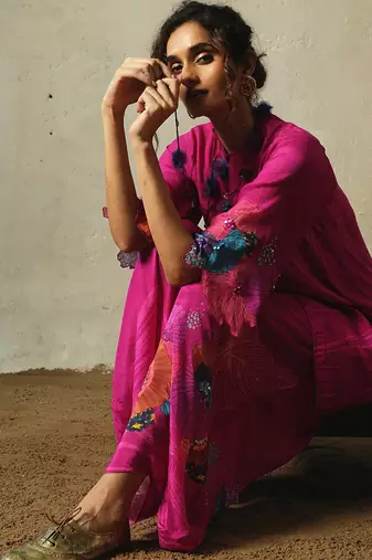 Pink embroidered chiffon kurta set