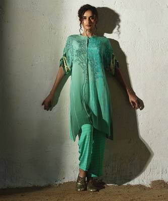 Green printed crepe kurta set 1