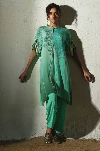 Green printed crepe kurta set