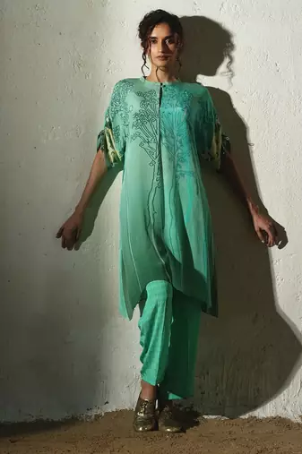 Green printed crepe kurta set