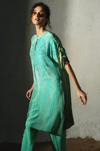 Green printed crepe kurta set