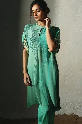 Green printed crepe kurta set