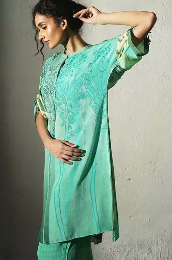 Green printed crepe kurta set