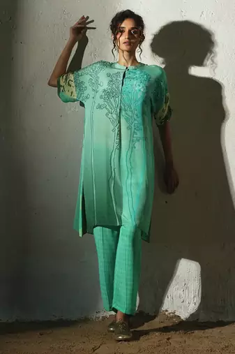 Green printed crepe kurta set