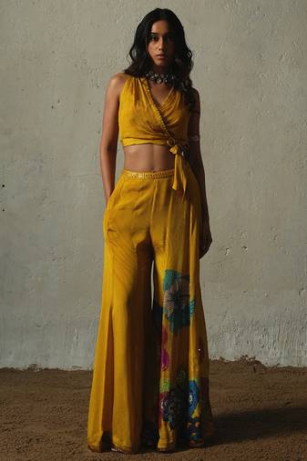 Yellow plain chiffon co ord set