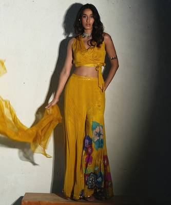 Yellow plain chiffon co ord set 2