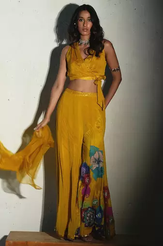 Yellow plain chiffon co ord set