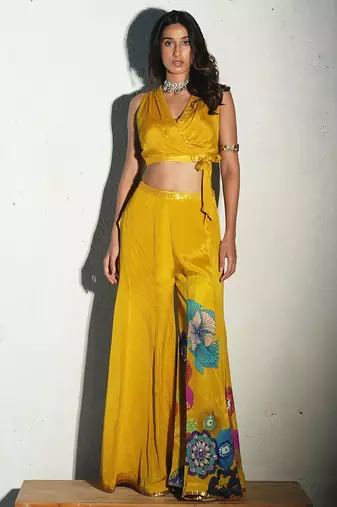 Yellow plain chiffon co ord set
