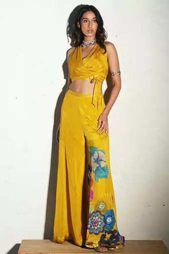 Yellow plain chiffon co ord set