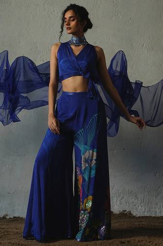 Blue plain chiffon co ord set