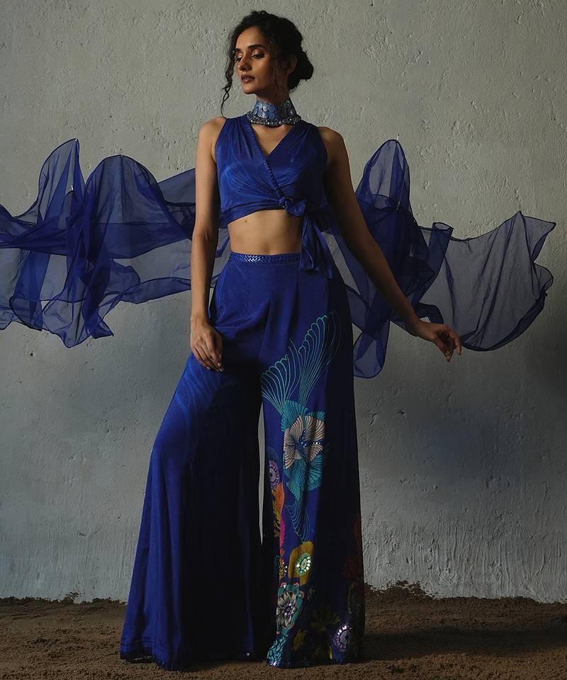 Blue plain chiffon co ord set