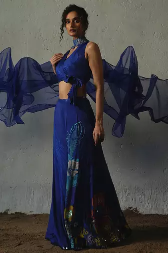 Blue plain chiffon co ord set