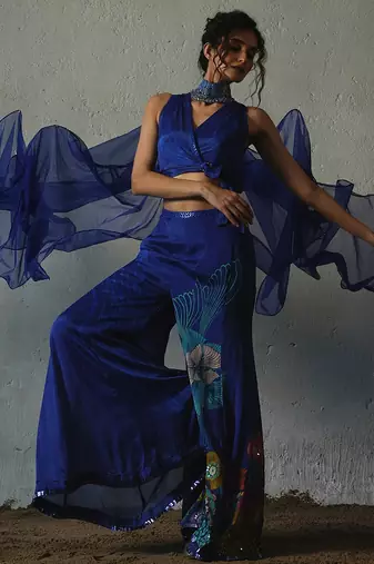 Blue plain chiffon co ord set