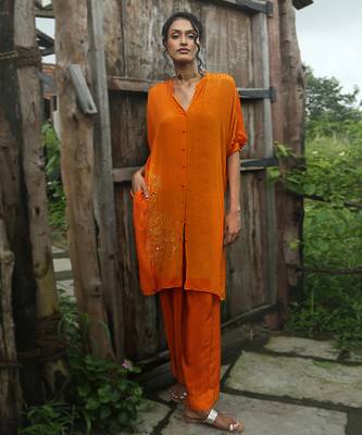 Orange embroidered crepe co ord set 1
