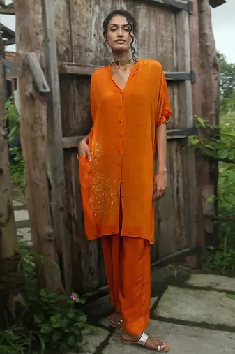 Orange embroidered crepe co ord set