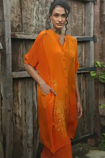 Orange embroidered crepe co ord set