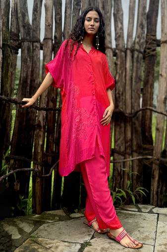 Pink embroidered crepe co ord set