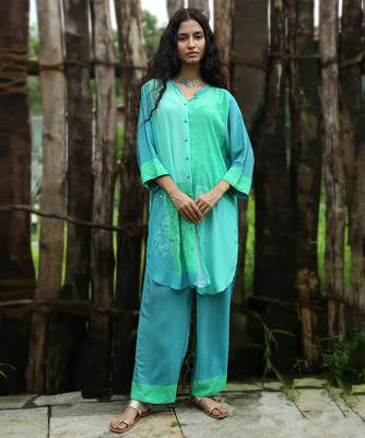 Blue embroidered crepe co ord set 1