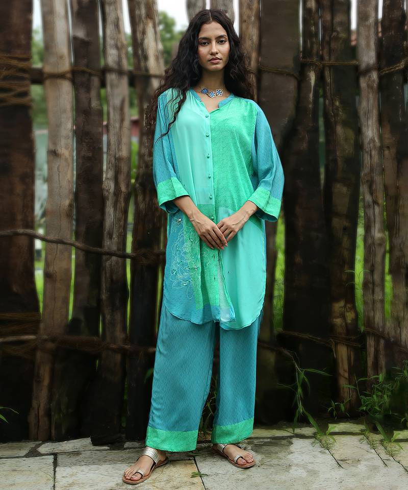 Blue embroidered crepe co ord set