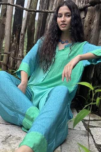 Blue embroidered crepe co ord set