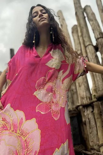 Pink printed crepe kurta set
