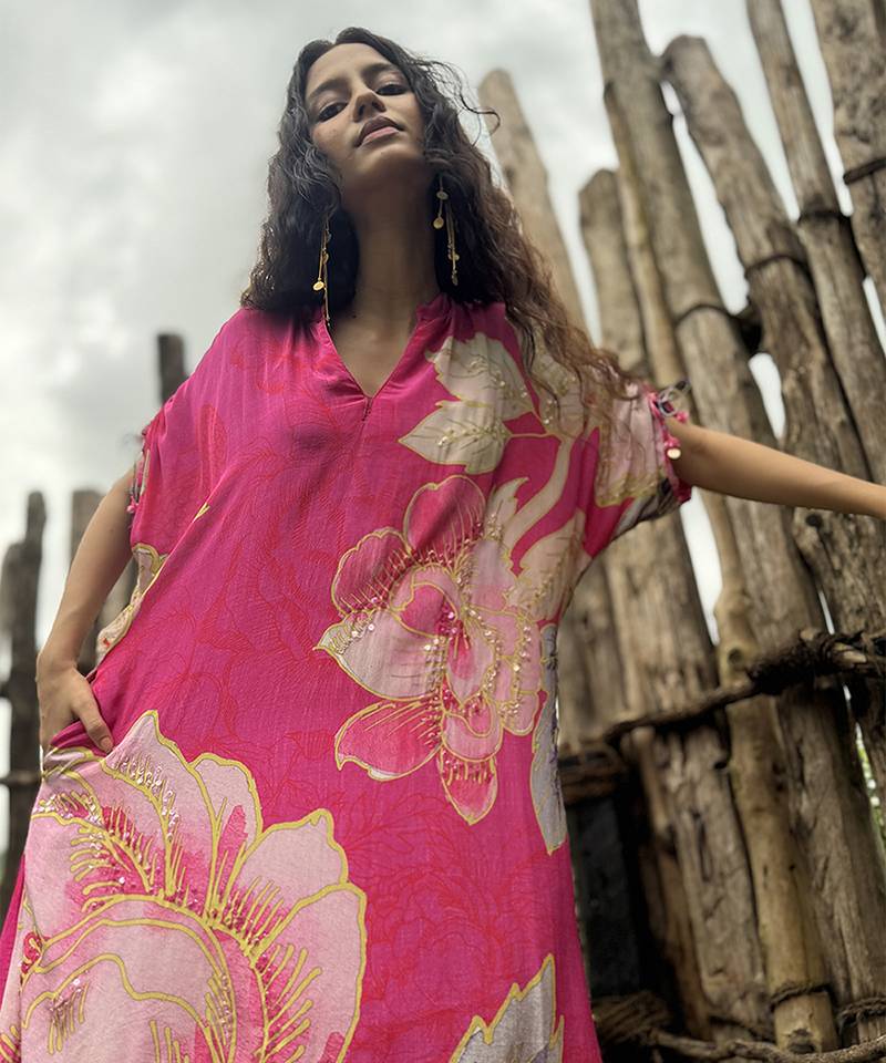Pink printed crepe kurta set