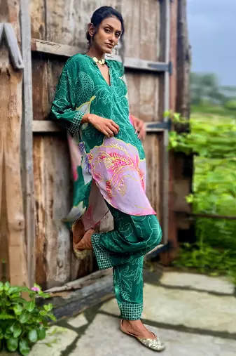 Green printed crepe kurta set