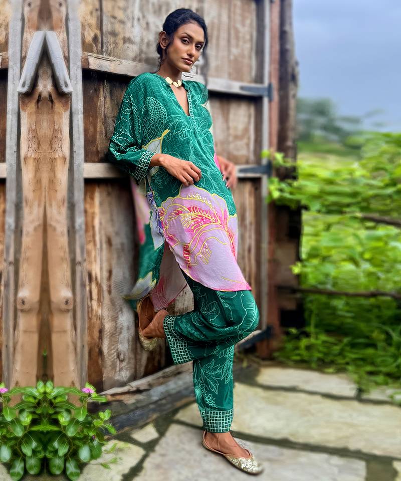Green printed crepe kurta set