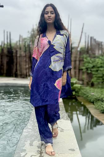 Blue printed crepe kurta set