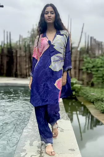 Blue printed crepe kurta set