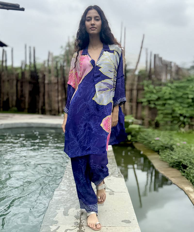 Blue printed crepe kurta set