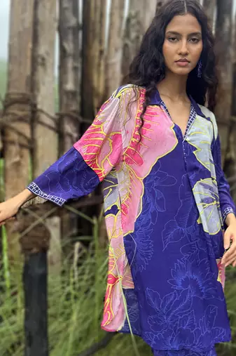 Blue printed crepe kurta set
