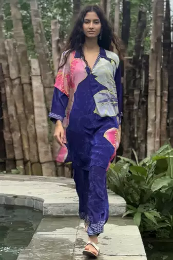 Blue printed crepe kurta set