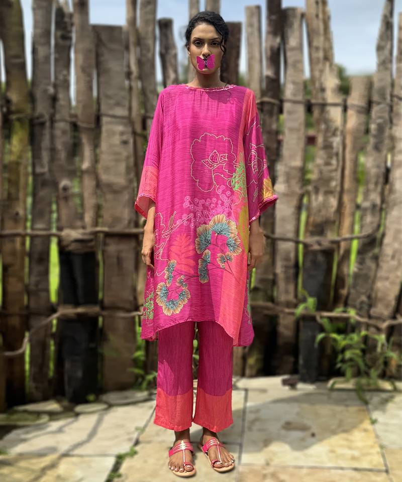 Pink printed chiffon kurta set