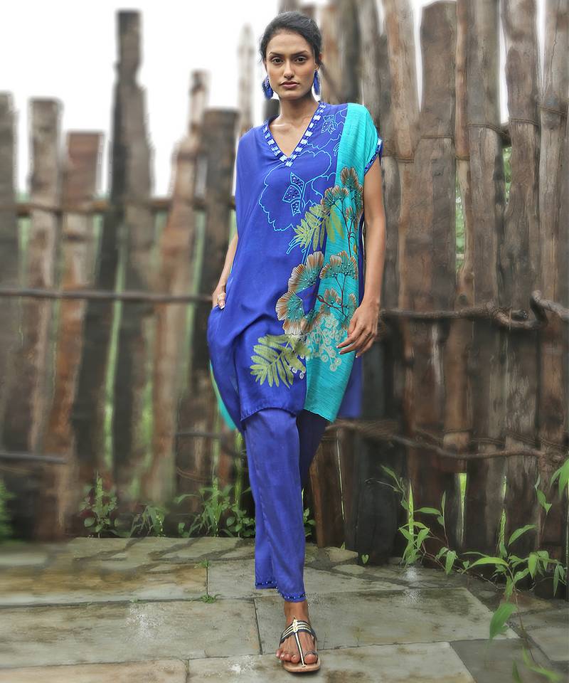 Blue printed chiffon kurta set