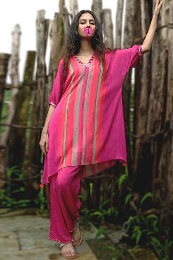 Pink printed chiffon kurta set
