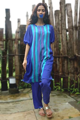 Blue printed chiffon kurta set